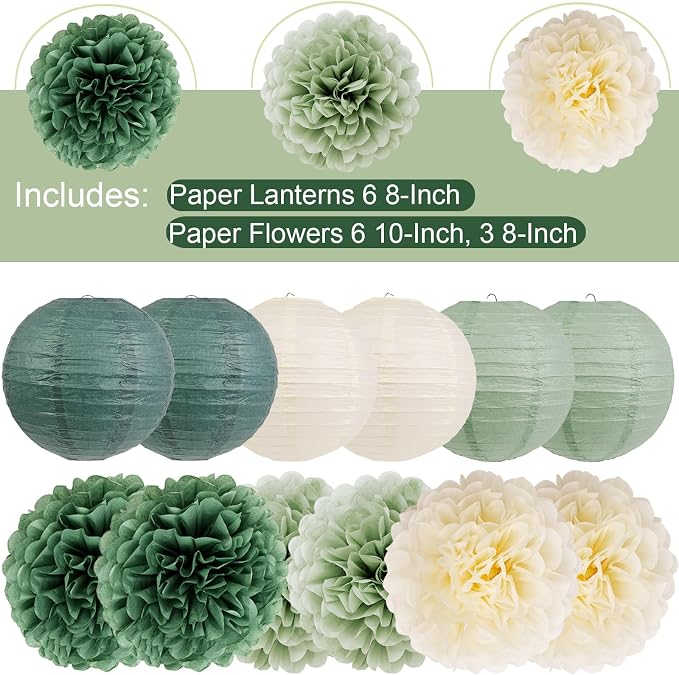 Green Birthday Party Decorations Paper Lanterns and Pom Poms 15pcs Set | Baby - Image 5