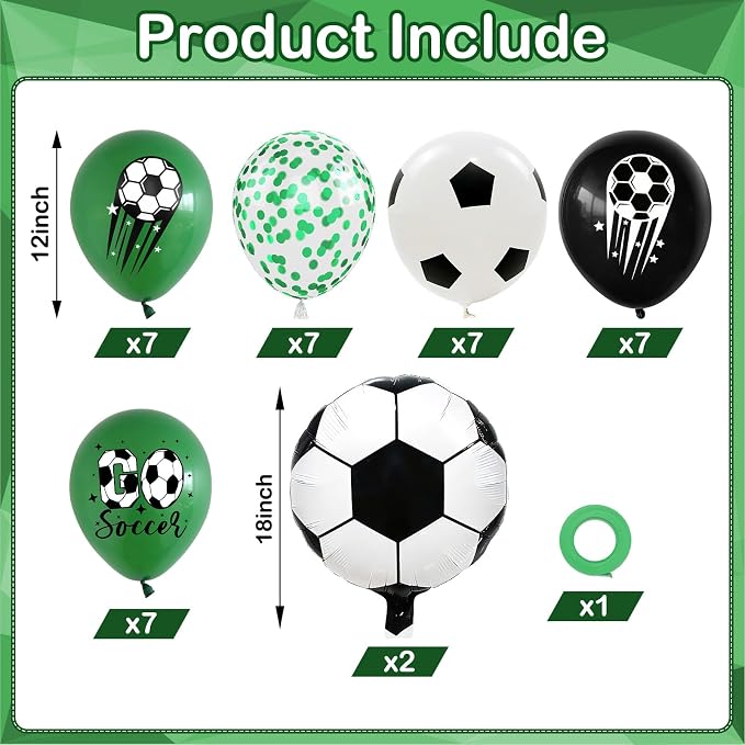 Soccer Balloons, 12 Inch Dark Green Black Confetti Balloons Soccer Print Balloon - Image 2