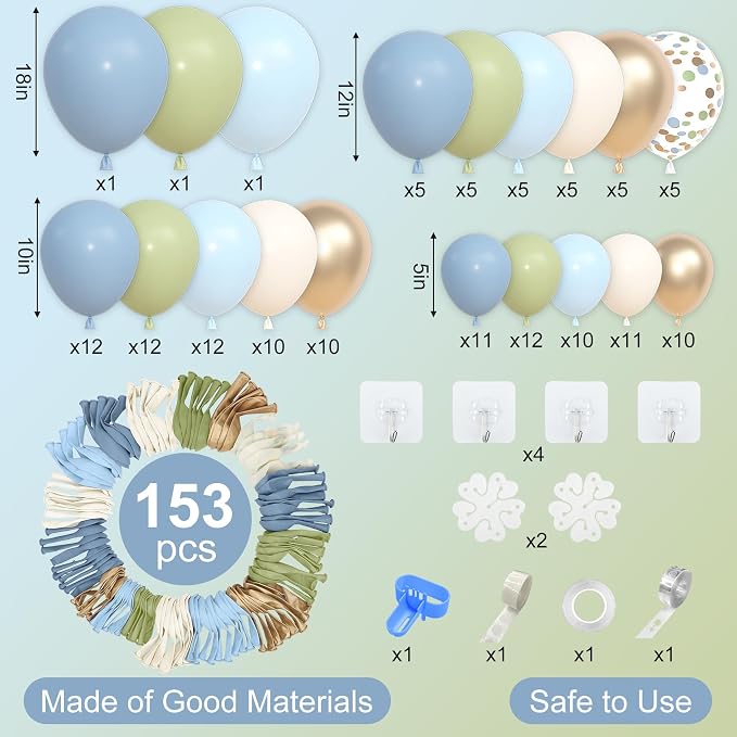 Amandir 153pcs Sage Green and Blue Balloon Garland Arch Kit Different Sizes | - Image 3