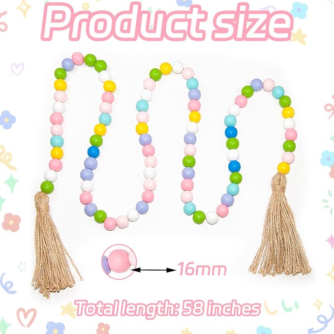 Farmhouse Wood Beads Garland, 58 Inch Boho Home Decor - Image 2