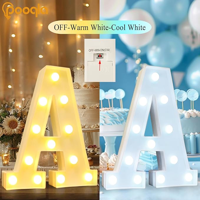 Pooqla LED Marquee Letter Lights, Warm White and Cool White Decorative Lighted Letters, Light Up Alphabet Letters for Boys Girls, Party, Wedding, Bar, Night Light, Birthday Decoration, Letter E