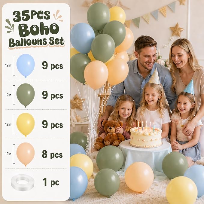 Blue Green Yellow Balloons, 12 Inch Olive Green Light Blue Pastel Macaron - Image 2