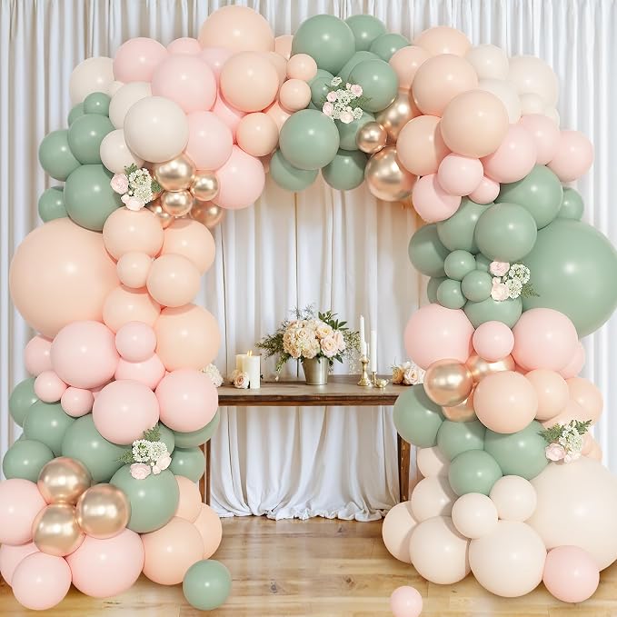 157Pcs Dusty Pink Green Balloons Garland Arch Kit Different Size | Sand White - Image 4