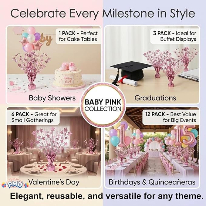 PMU 12 Pack Bursting Star Metallic Foil Spray Centerpiece- Baby Pink Balloon - Image 3