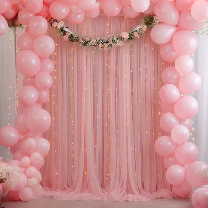 30×10ft Dusty Rose Tulle Backdrop Curtain with Lights String for Parties, Sheer Photo Backdrop Curtains for Wedding Party Photography Background