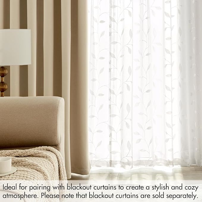 MIULEE White Sheer Curtains 2 Panels Embroidered Leaf Patterned, W52 x L96 | - Image 7
