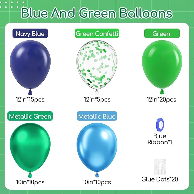 60pcs Blue and Green Balloons 12inch - Image 2