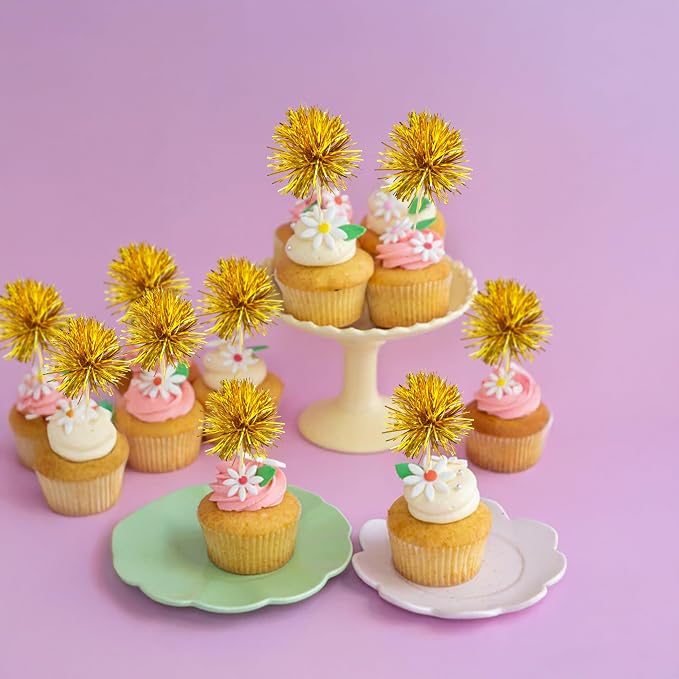 Gyufise 30Pcs Foil Firework Cupcake Toppers Sparkle Tinsel Cake Toppers Tinsel - Image 4