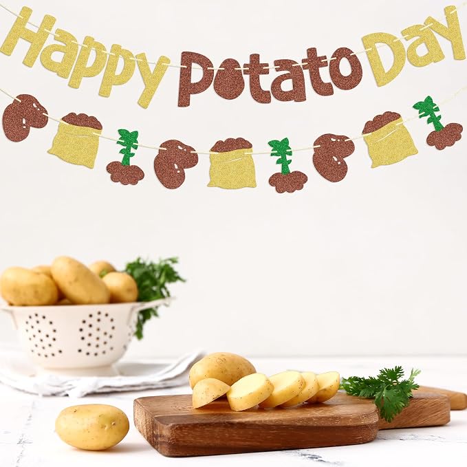 Happy Potato Day Banner, Pre-strung | Brown Glitter Potato Decor - Image 7