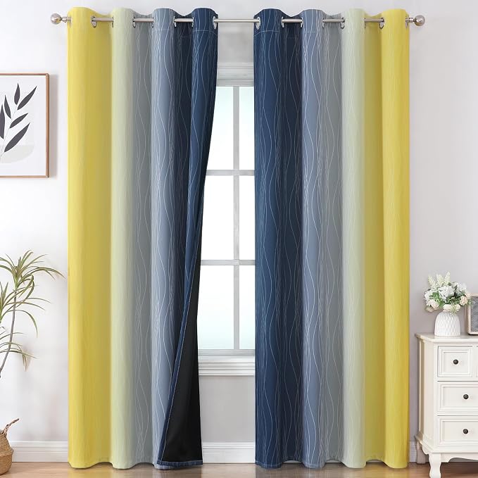 Navy Blue and Yellow Ombre Blackout Curtains 90 Inches Long 2 Panels - Image 2