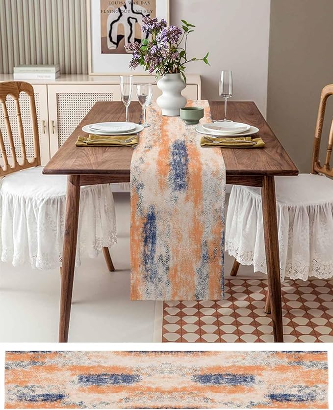 Vintage Oil Painted Cotton Linen Table Runner for Dining Kitchen, Wedding Outdoor Party Tablerunners Decoration, Abstract Modern Orange Minimalist Dresser Scarf Coffee Tablecloth Runners 13x48 Inches