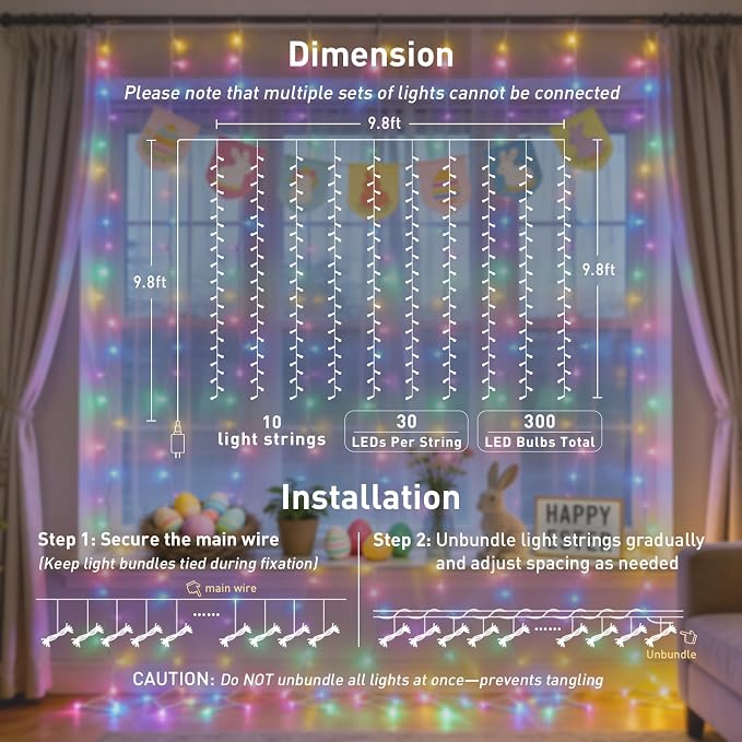 JMEXSUSS 300LED Curtain Lights for Easter Decor, Pastel | Remote Control - Image 6