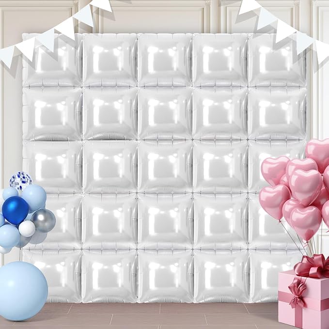 White Square Foil Balloons 25 Pcs Metallic White Balloons Wall Backdrop by Unknown