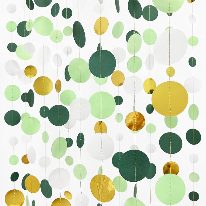 46 Ft Sage Green Gold Party Decorations Polka Dots Garlands Hanging Paper by pinkblume