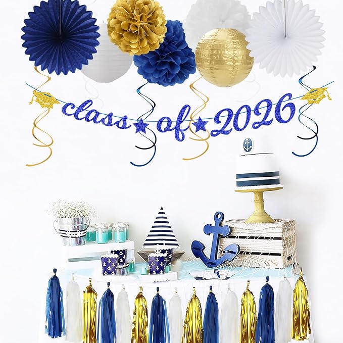 Navy-Blue White Gold Graduation Party-Decorations Garland - Image 4