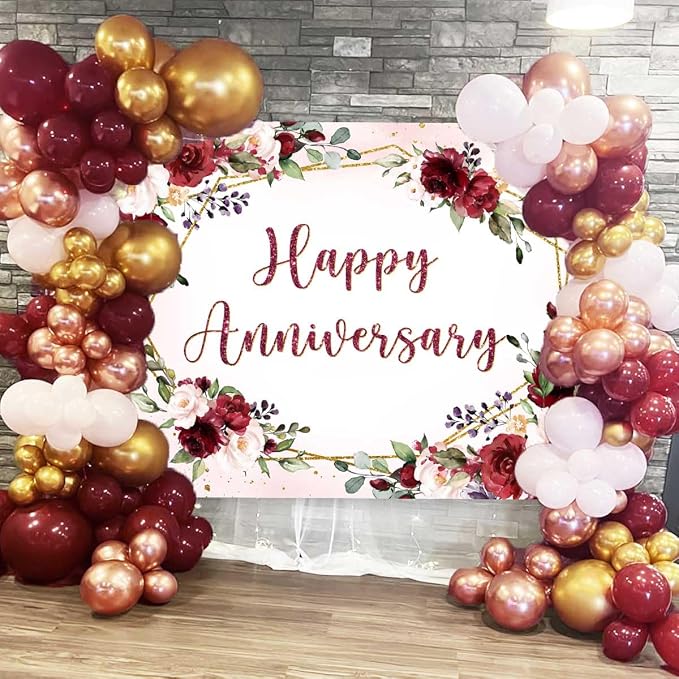 Sensfun Happy Anniversary Backdrop Banner Burgundy Pink Flower Wedding - Image 3