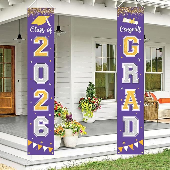 Graduation Decorations 2026 GRAD Banner Purple Porch Door Sign Welcome Banner by Labrostar