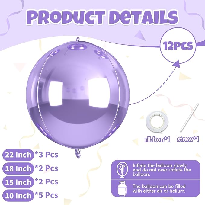 12Pcs Light Purple Round Balloons Foil, Big Metallic Purple Foil Balloons - Image 2