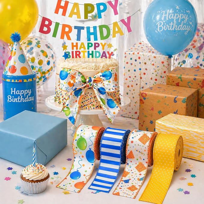 Birthday Wired Ribbon Set, 4 Rolls Decorative Party Ribbon - Image 4