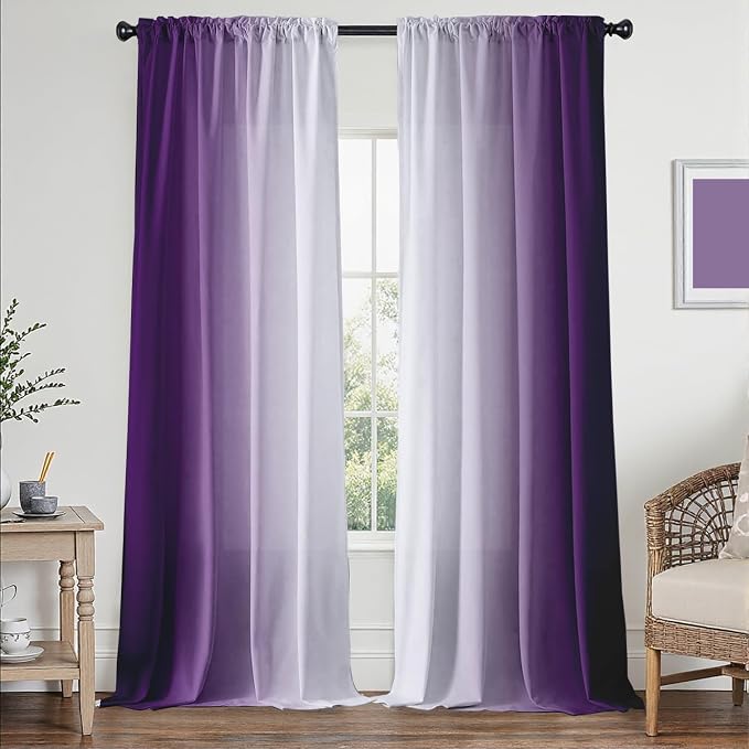 Purple Curtains 96 Inch Length for Living Room 2 Panel Set Purple and Grey by XFLINGBAO