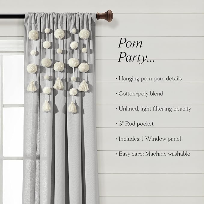 Lush Decor Boho Pom Pom Tassel Linen Textured Window Curtain Panel, Single 52" - Image 8