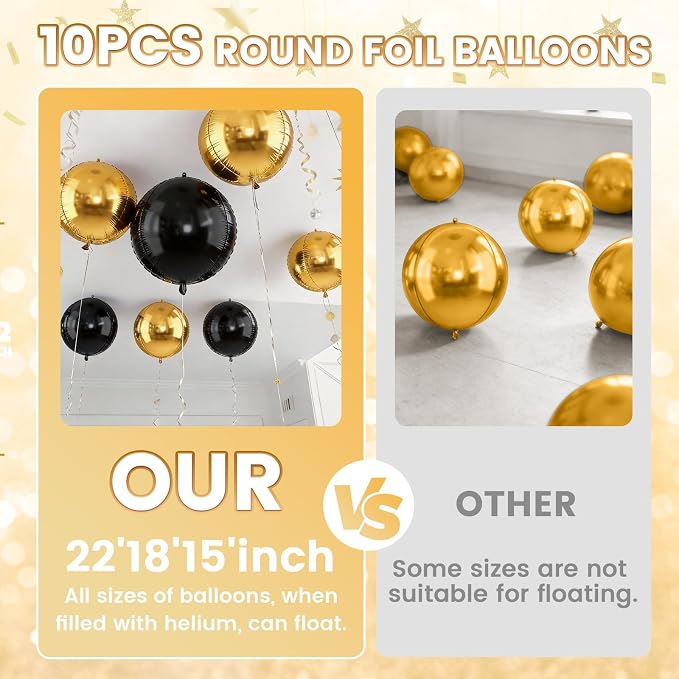 Gold and Black Round Foil Balloons, Metallic Gold Black Foil Baloon - Image 4