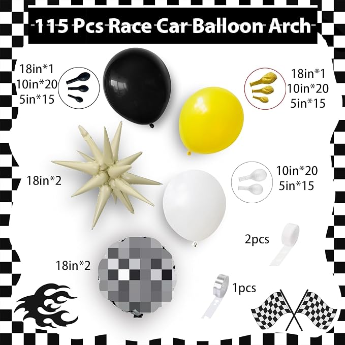 Black and Yellow White Balloon Arch Kit, 18 Inch Checkered Mylar Explosion Star - Image 2