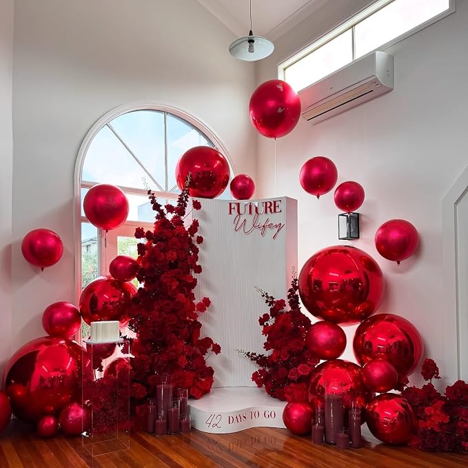 Red Round Foil Balloons, 22 Inch Red 4D Ball Balloons, Metallic Sphere Foil - Image 5