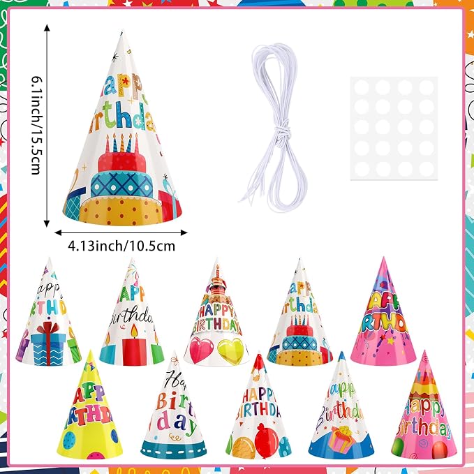 Hxezoc 10 Pcs Colorful Birthday Party Hats Happy Birthday Cone Hats Craft Paper - Image 2