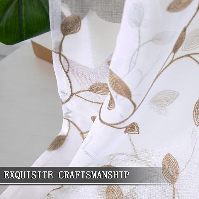 Tollpiz Leaves Short Sheer Tier Curtains Taupe Leaf Embroidery Kitchen Half - Image 6
