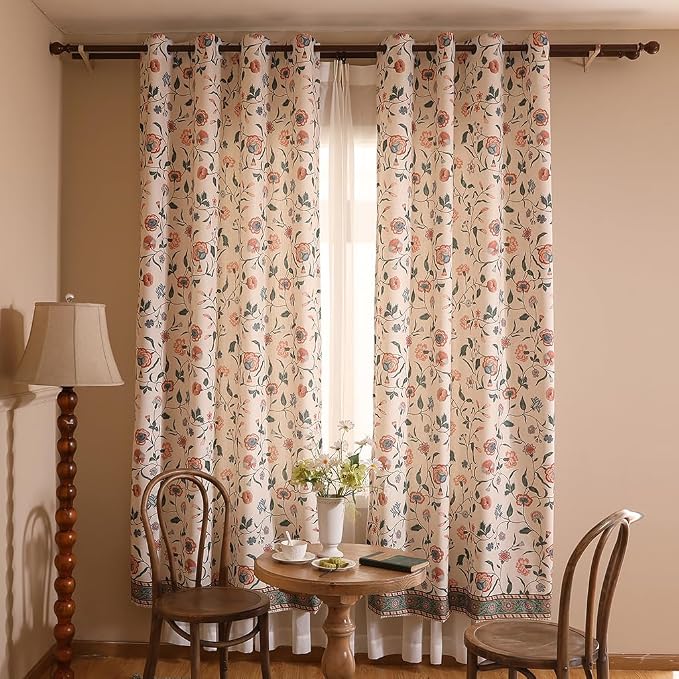 Designer French Linen Printed Curtains, 2 Panels, Floral Pattern Draps - Image 9