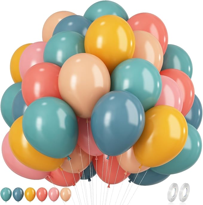 60pcs Boho Rainbow Balloons Assorted Colors Dusty Slate Blue Blush Pink Mustard by KEPMOV