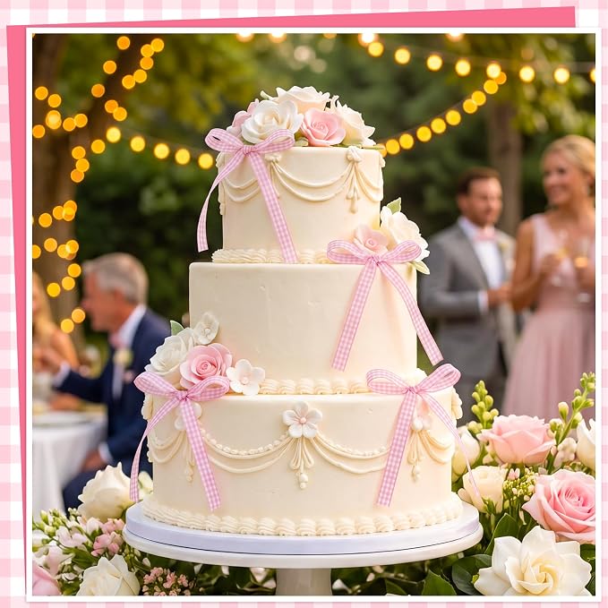 30 Pack Bow Cake Toppers Pink Gingham Ribbon Bows - Image 3
