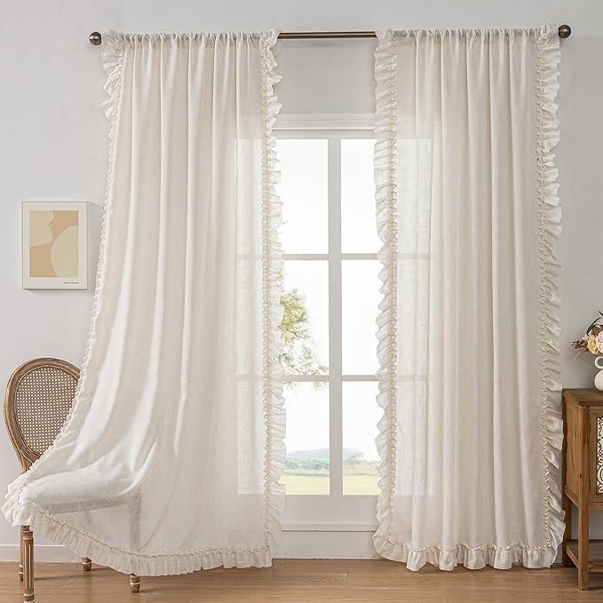 Natural Linen Curtains with Ruffled Edges Farmhouse 58 x 108 Inch 2 Panels | by TERLYTEX