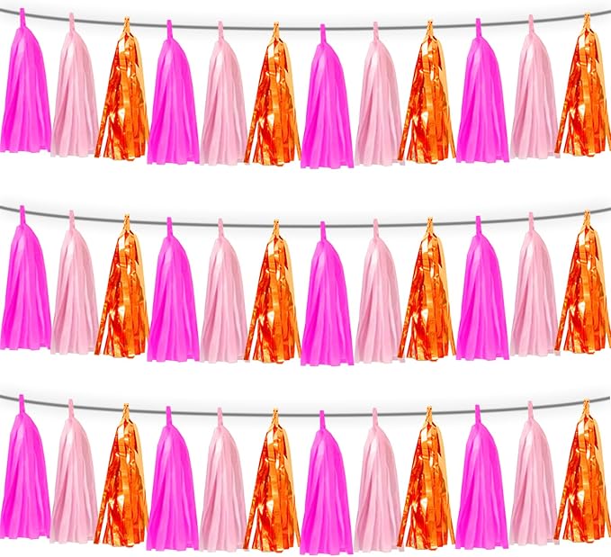 3P Hot Pink Orange LightPink Tassel Banner Garland Foil Fringe Tinsel Streamer by FENGNIAN