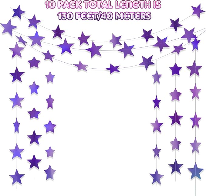 Patelai 130 ft Star Garland Banner Decor, Holographic Purple - Image 2