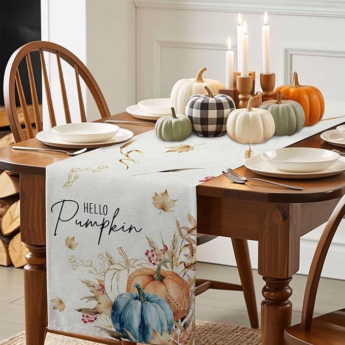 Fall Thanksgiving Cotton Linen Table Runner for Dining Kitchen, Orange Pumpkins Outdoor Party Autumn Tablerunners Decoration, Rustic Wheat Leaves Dresser Scarf Coffee Tablecloth Runners 13x90 Inches