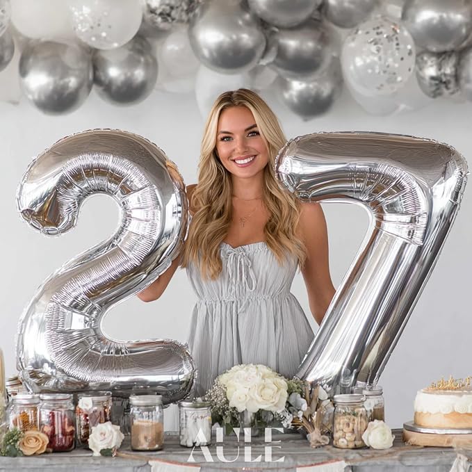 AULE 40 Inch Silver 27 Balloon Number Foil 0-9 Birthday Big Numbers | Birthday - Image 2