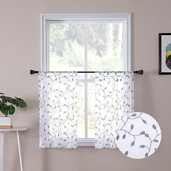 Tollpiz Leaves Short Sheer Tier Curtains Grey Leaf Embroidery Kitchen Half by Tollpiz