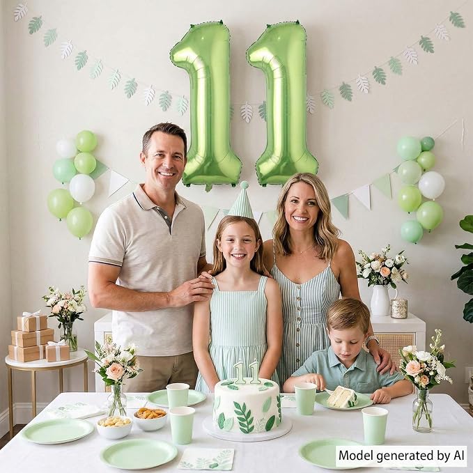 Light Green Number 11 Balloon 40 Inch, Glossy Foil Twin Digit Party Supplies | - Image 7