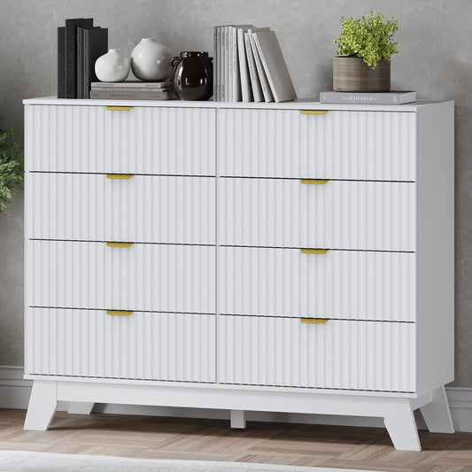 Fluted 8 Drawer Tall Dresser, 47.2" Wide Modern Boho Chest of Drawers, Wooden Storage Dresser TV Stand for Bedroom, Living Room, Closet, Hallway, Curved Profile Design