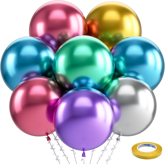 Bezente Metallic Chrome Giant Latex Round Balloons 36 Inch 8 Pack | Assorted by Bezente