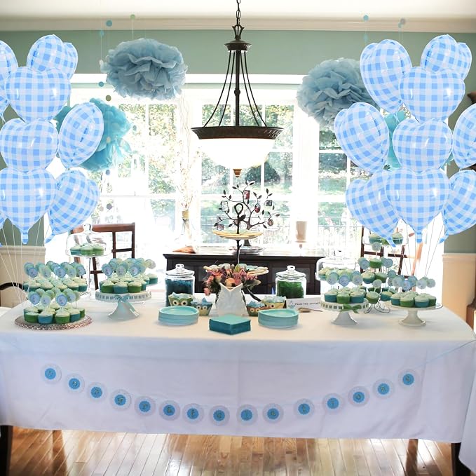 TONIFUL 15 Pcs Blue Gingham Heart Balloons 18 Inch Heart Shape Foil Balloon | - Image 6