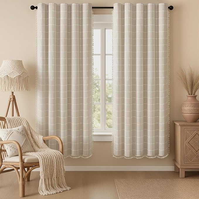 Boho Blackout Plaid Curtains 72 Inch Drapes Linen Blend 2 Panels | Vintage by Unknown