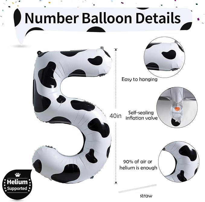 Cow Print Number Balloons 5 for Kids, 40 Inch Foil Large Number 5 Self - Image 2