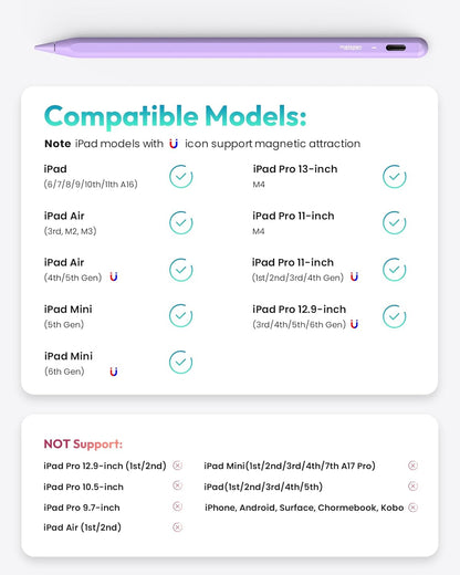 Metapen Pencil A8 for Apple iPad 2018-2025, (2X Faster Charge), Tilt Sensitivity, Pixel Precision, Stylus Pen for iPad 11/10/9/8/7/6th Gen, Pro 12.9/11/13-inch M4, Air 3/4/5/M2/M3, Mini 5/6th, Purple