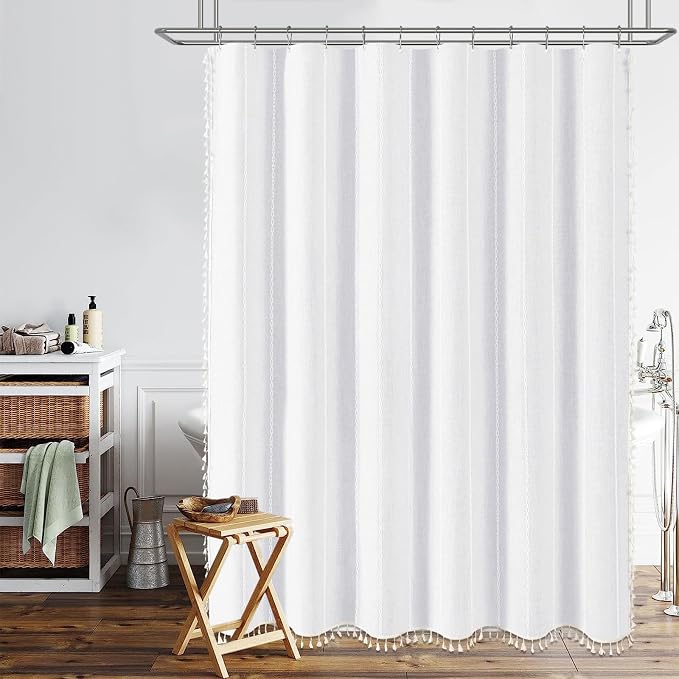 White Boho Farmhouse Linen Heavy Duty Cloth Shower Curtain Set, 72x72 | 330GSM - Image 7
