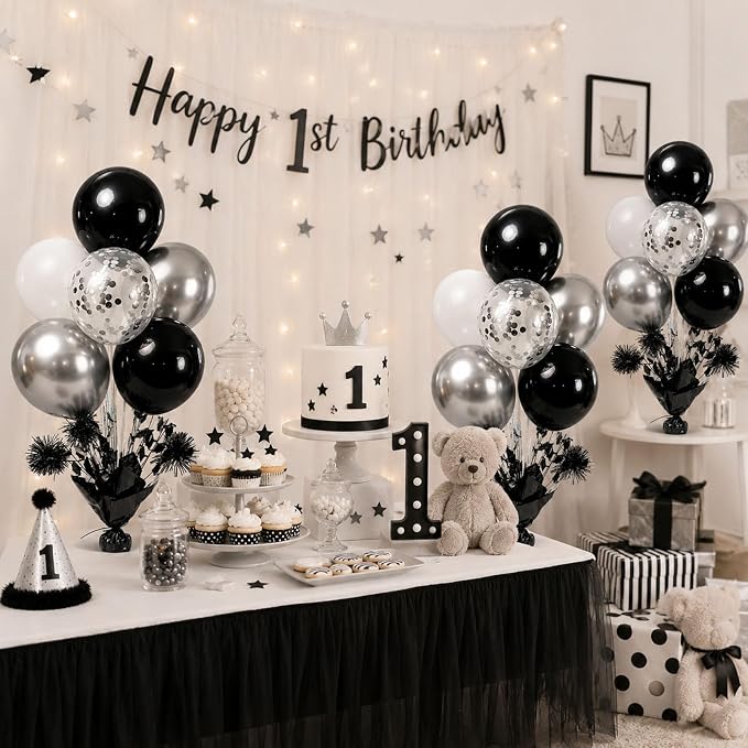 4 Set Black Silver Balloon Centerpieces - Image 5