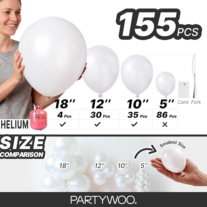 PartyWoo Pearl White Balloons 155pcs Metallic White Color 5 Inch | 18 12 10 5 - Image 6