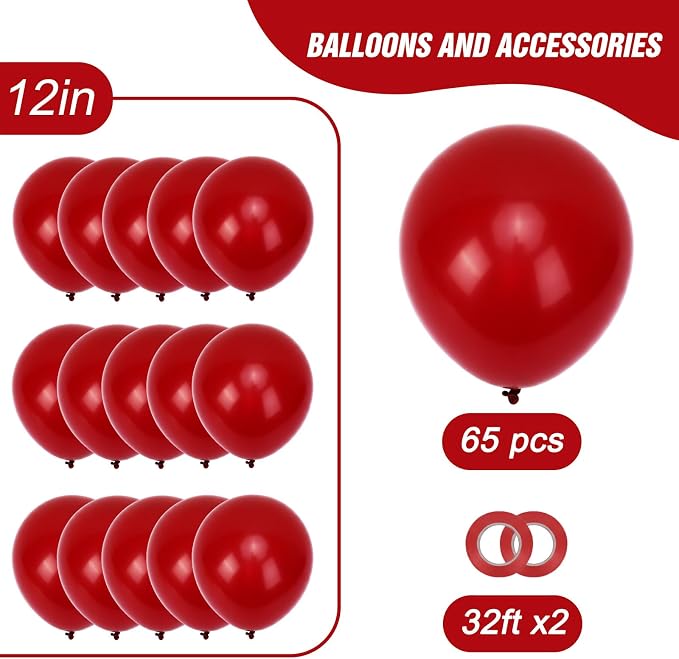 RUBFAC Ruby Red Balloons 65pcs, 12 Inch Dark Red Burgundy Party Balloon - Image 2